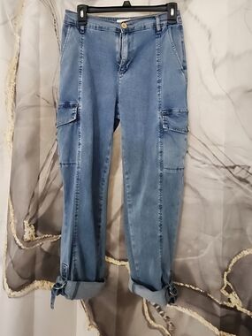 CHARLIE B Stretch Tencel Cargo Pants - Chambray Light Blue Denim Waistband Jeans